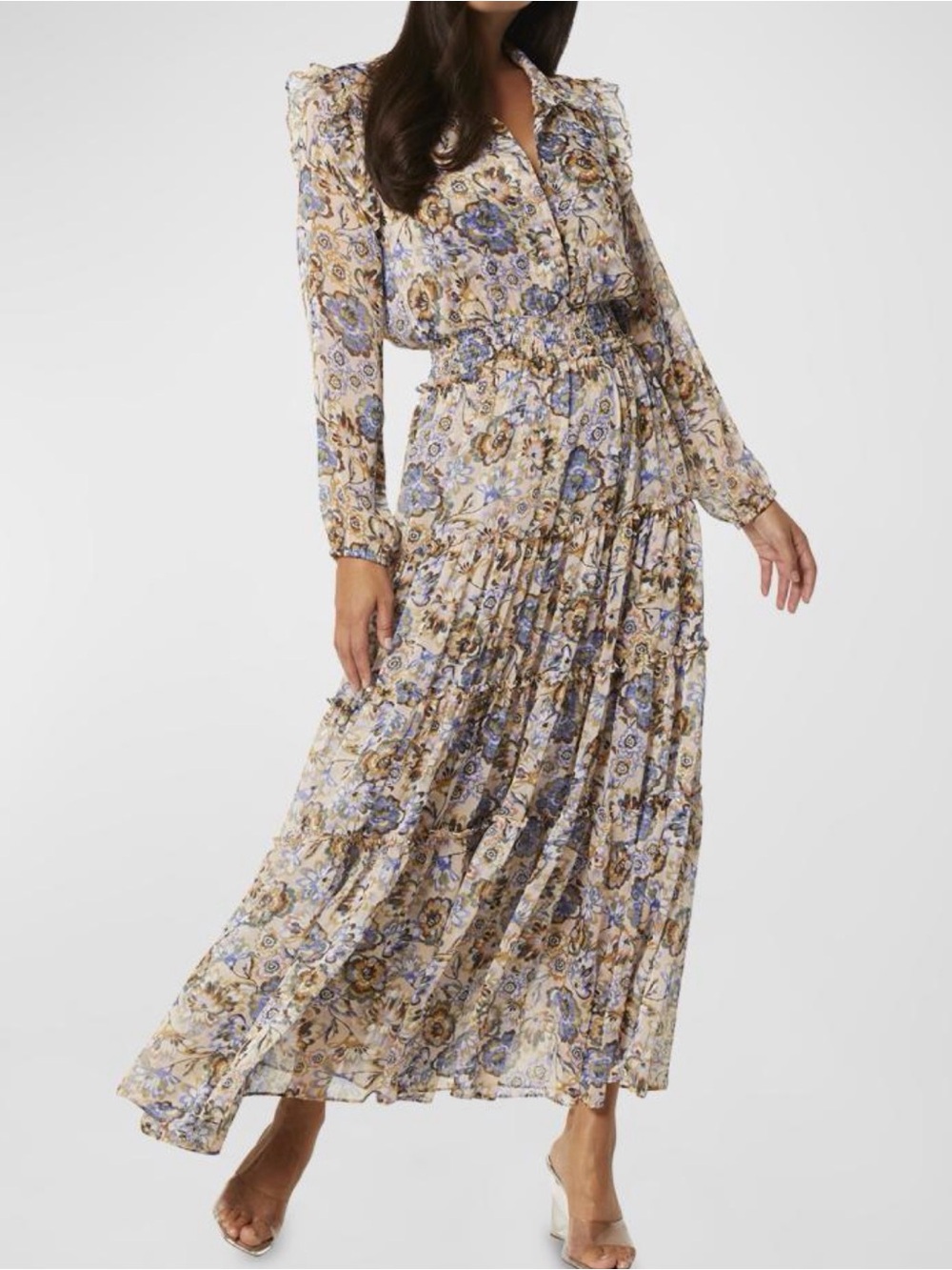 Misa Los Angeles Cream and Blue Floral Ruffled Tiered Maxi Dress